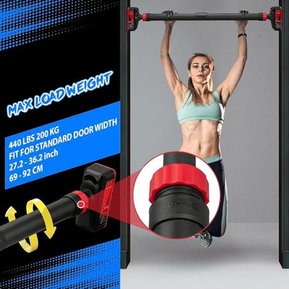 Pull Up Bar for Doorway - Adjustable No Screws Chin Up Bar for Home Gym, 440 LBS Max Load, with Level Meter & Anti-Slip Design for Strength Training,Red