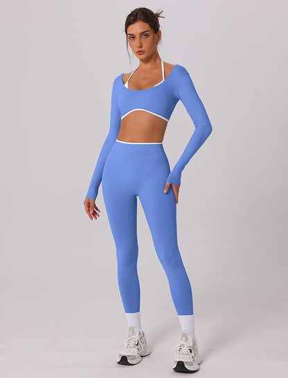ABOCIW Workout Sets for Women Long Sleeve Crop Top Scrunch Butt Lifting High Waist Leggings 2 Piece Gym Yoga Outfits
