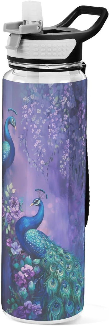 Fustylead Two Peacocks on Purple Flower 32oz Sports Water Bottle with Removable Straw, Reusable Clear Water Bottles, Leak Proof, BPA-Free