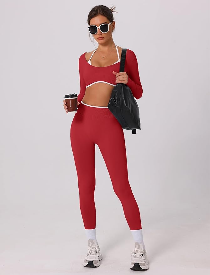 ABOCIW Workout Sets for Women Long Sleeve Crop Top Scrunch Butt Lifting High Waist Leggings 2 Piece Gym Yoga Outfits