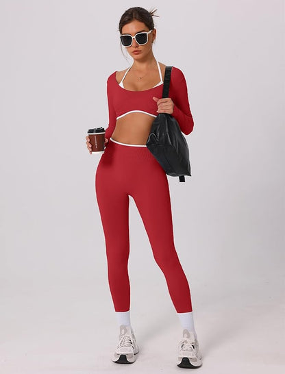 ABOCIW Workout Sets for Women Long Sleeve Crop Top Scrunch Butt Lifting High Waist Leggings 2 Piece Gym Yoga Outfits