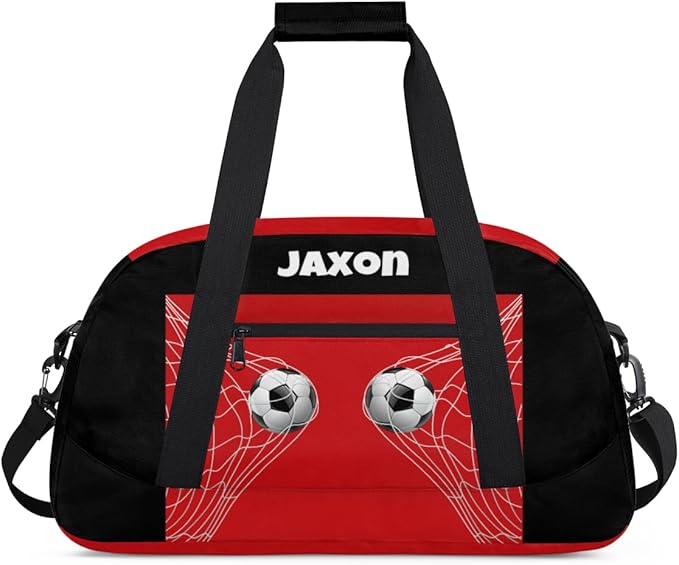Personalized Sports Duffel Bags Name Boys, Custom Gym Weekender Overnight Sleepover Bag Waterproof Training Duffel Bag for Travel, Black Red Soccer