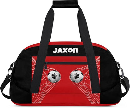 Personalized Sports Duffel Bags Name Boys, Custom Gym Weekender Overnight Sleepover Bag Waterproof Training Duffel Bag for Travel, Black Red Soccer