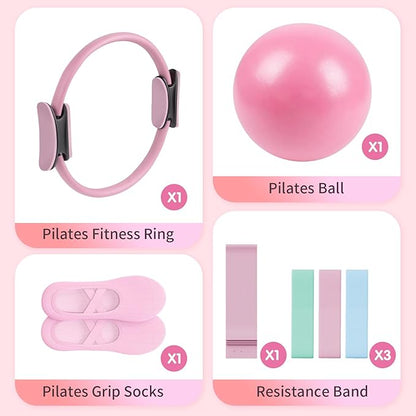 Pilates Essential Kit - Portable Fitness Equipment - with Toning Pilates Ring & Long Resistance Bands & Pilates Loop Bands & Soft Pilates Ball & Pilates Grip Socks