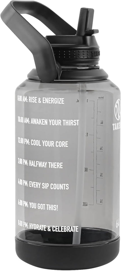 Takeya Tritan Motivational Water Bottle with Flip Straw Lid - Durable, BPA-Free - With Time Marker - Leakproof & Bumper - 64 oz, Stormy Black