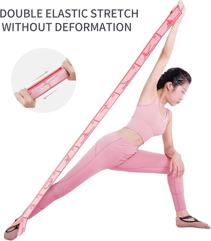 Elastic Yoga Stretching Strap with 9 Loops Pattern Guide, Stretch Straps for Pilates, Dance, Gymnastics Physical Therapy, Multi-Loop Adjustable Exercise Bands