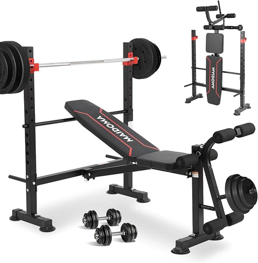 1500LB 8 IN 1 Weight Bench with Lat Pulldown and Leg Extension/Curl, Foldable Bench Press with Preacher Curl & Rack, Workout Benches with Safety Bar Catches for Home Gym(US Stock)