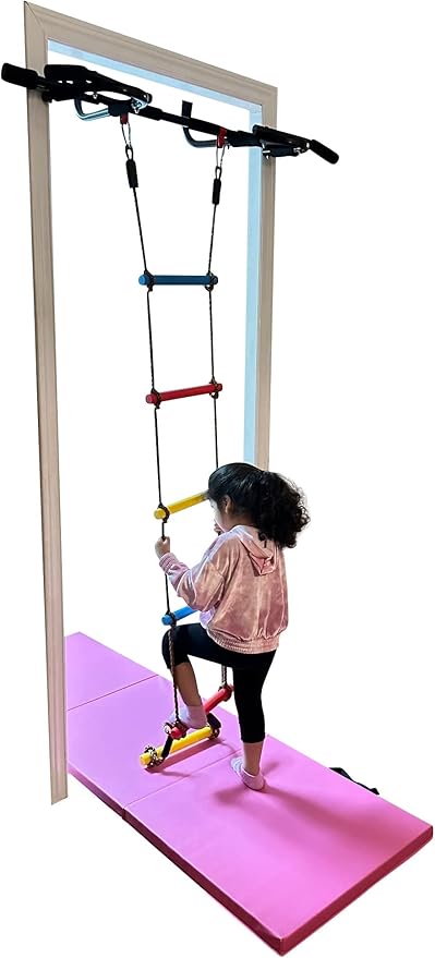 Kids Doorway Gym Swing Set + Pull Up Bar 6 in 1 Indoor Gym Playground Combo for Children, Includes Swing Seat, Climbing Cargo Net, 2X Gymnastic Trapeze Rings, Rope Ladder, Full Accessory