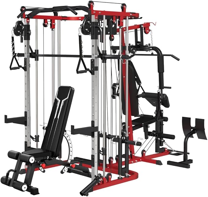 All in One Home Gym System Workout Station, Multi-Function Smithe Machine Power Cage with Cable Crossover System, Tripe-Sided Independent Load Posts, Functional Trainer for Full Body Training