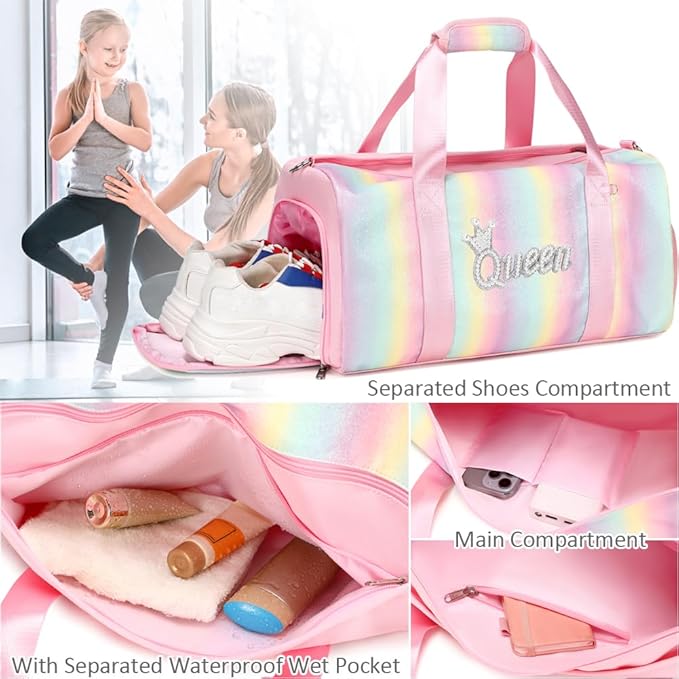 Dance Duffle Bag for Girls Shiny Rainbow Glitter Sports Gym Bag for Girls Weekender Overnight Sleepover Travel Duffel with Shoes Compartment