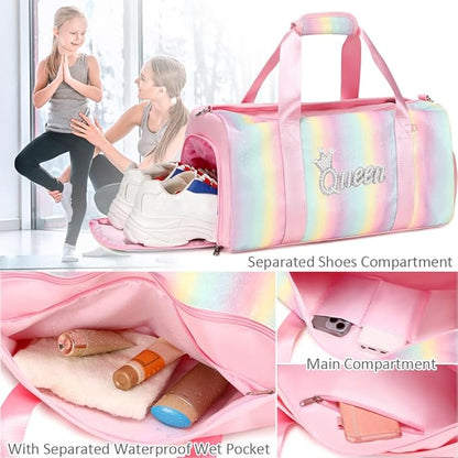 Dance Duffle Bag for Girls Shiny Rainbow Glitter Sports Gym Bag for Girls Weekender Overnight Sleepover Travel Duffel with Shoes Compartment