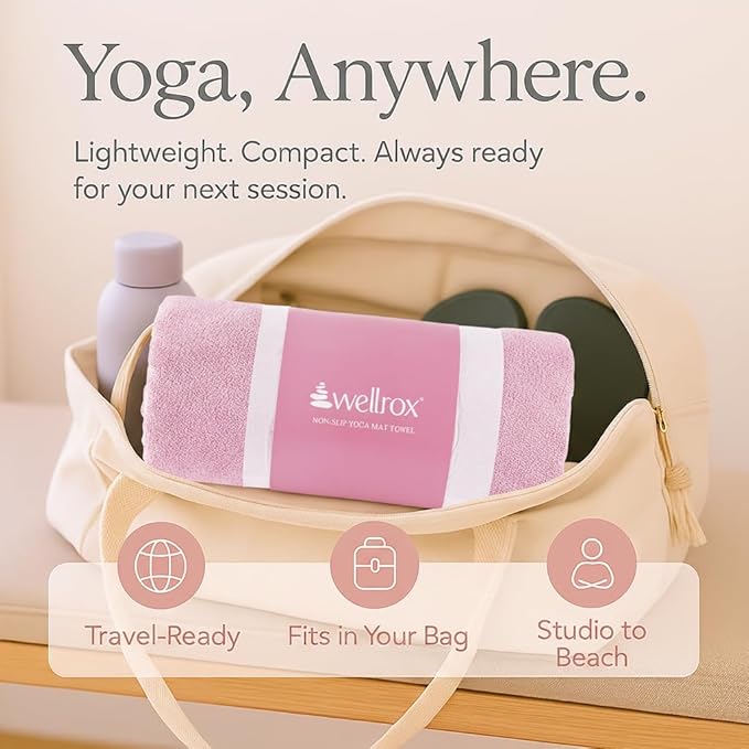 Wellrox Microfiber Yoga Mat Towel with Grip – Ultra Absorbent, Super Soft, and Quick Dry Hot Yoga Towel Non Slip for Pilates, Bikram, and Fitness Workouts (74” x 26”, Pink)