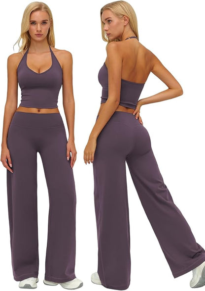 Womens Workout Sets Two Piece Spaghetti Straps Crop Top Matching Straight Leg Pants Gym Work Pilates Outfits