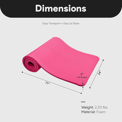 BalanceFrom 71x24 Inches Extra Thick Yoga Mat 1-Inch High-Density Foam – Roll-Up Exercise Pad with Double-Sided Non-Slip Surface and Carrying Strap for Pilates and Home Workouts, Multiple Colors
