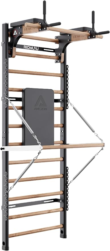 Swedish Ladder Pro, Wood Stall Bar with Push-Through Bar, Adjustable Pull-Up Dip Bar for Adults and Kids, Accessories Bundle, Spring, for Home, School, Physical Therapy and Gymnastics