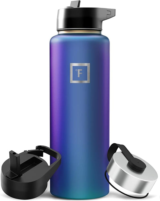 IRON °FLASK Camping & Hiking Hydration Flask with Straw, Wide Mouth Insulated Stainless Steel Sports Water Bottle - 40 oz Aurora