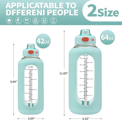 SIEROZUR 42 oz Glass Water Bottle with Straw and Handle Half Gallon Large Water Bottle with Silicone Sleeve and Time Marker Sports Water Jug Wide Mouth for Travel Gym