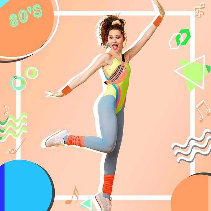80s Neon Workout Costume Accessories Set 10 PCS Leg Warmers for Women 80s Headband Wristband Fanny Pack for Yoga Running