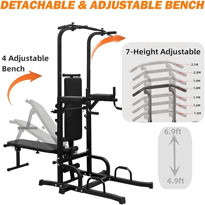 Multifunctional Power Tower with Bench - 7 Adjustable Height Pull Up Bar & Dip Station, Foldable Weight Bench for Home Gym, Heavy Duty Full Body Workout Equipment (Black)