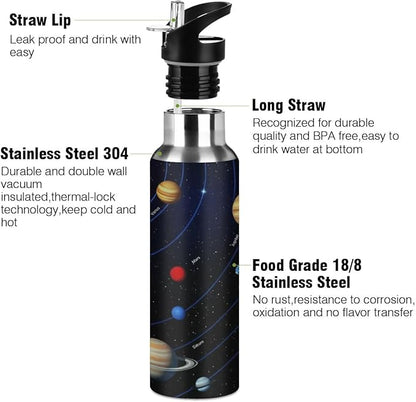AUUXVA Space Solar System Planet Water Bottle Vacuum Insulated Stainless Steel Mug Kids Water Bottle with Straw and Handle Keep Hot Cold Sport Bike Fit Travel Outdoor 20 oz