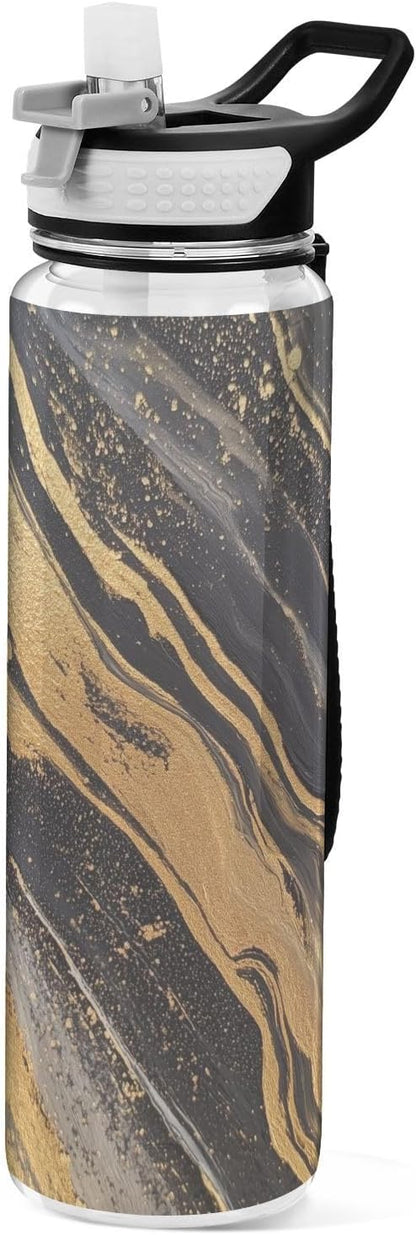 Fustylead Gold with Black Background Paint Stripes 32 oz Water Bottle with Straw, Leakproof Clear Sport Bottles for Women Men Outdoor Sport Drinking