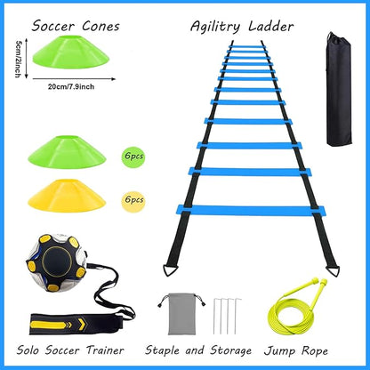 Soccer Agility Training Equipment Set, Soccer Accessories 12 Rung 20Ft Agility Ladder, 12 Disc Cones, Solo Soccer Trainer, Jump Rope - Speed Training Equipment Gifts for boy