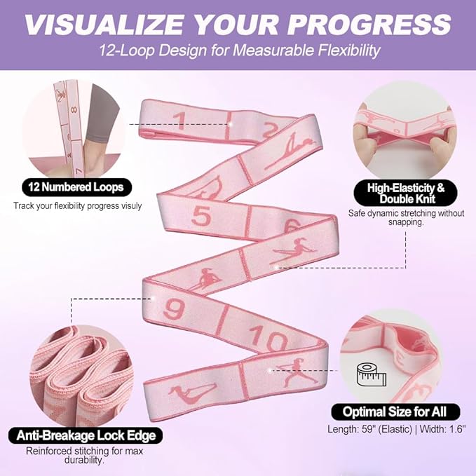 2-in-1 Fabric Resistance Bands Set & Numbered Elastic Stretching Strap - Non-Slip Glute Bands for Women, 12-Loop Stretch Workout Band with Visual Guide for Flexibility, Yoga, Rehab