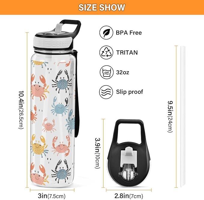 ALAZA Cartoon Crab Sports Water Bottle with Straw Tritan Drink Bottle 32 oz BPA Free Reusable for Travel Outdoor Fitness