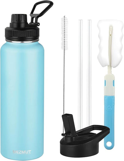 Insulated Water Bottle with Straw&2 Lids 40oz Stainless Steel Water Bottles Sports Metal Water Bottle Double Walled Vacuum Insulated Bottles Cups Leak-Proof Travel Cup (Blue)