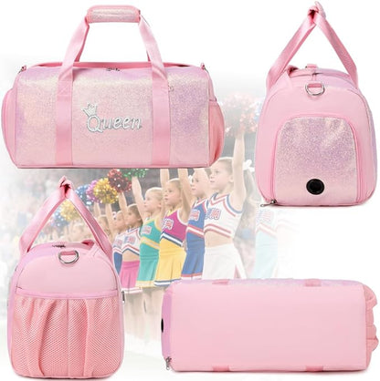 Dance Duffle Bag for Girls Shiny Glitter Sports Gym Bag for Girls Weekender Overnight Sleepover Travel Duffel with Shoes Compartment