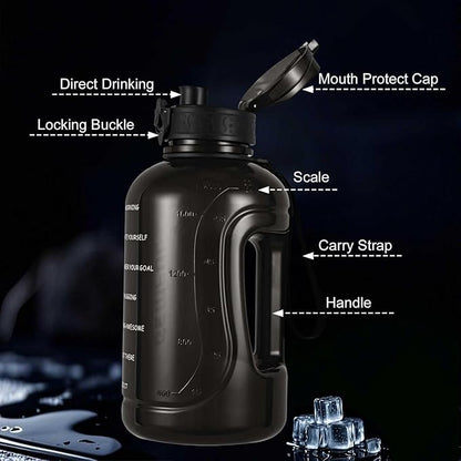 GEMFUL Water Bottle 2L with Time Marker & Handle 64oz Large Motivational Jug for Gym Workouts No Straw Leak Proof BPA Free (Black)