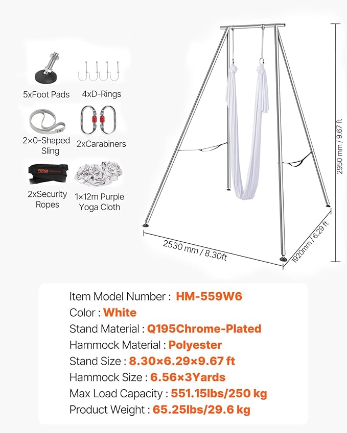 VEVOR Yoga Stand Frame, Max 441-551 lbs Load Swing Stand, Triangular Structure Aerial Rig, Aerial Silk Stands with Yoga Hammock, Standard & Height-Adjustable Version