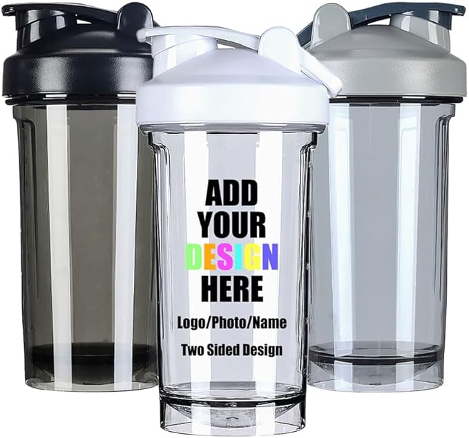 Custom Plastic Shaker Bottles with Handle, Personalized Fitness Shaker Bottles with Your Own Design/Logo/Name, Sports Water Bottle Leak Proof Cup for Protein Mixes, White