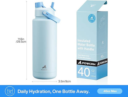 POWCAN 40 oz Insulated Water Bottle with 2-in-1 Straw and Spout Lid, Keep Cold 24H, Leak-Proof, BPA-Free, Double Wall Stainless Steel Water Bottle for Sports, Gym, Travel, and School (Sea Breeze)