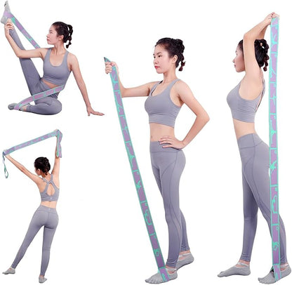 Elastic Yoga Stretching Strap with 9 Loops Pattern Guide, Stretch Straps for Pilates, Dance, Gymnastics Physical Therapy, Multi-Loop Adjustable Exercise Bands