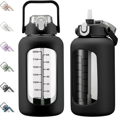 kytffu 84oz Glass Water Bottle with Straw, 2.5 Liter Large Water Bottle with Silicone Sleeve and OZ Marker, Wide Mouth Gallon Glass Bottle with 2-in-1 Lid, Leakproof Water Jug for Gym Home, Black