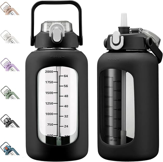 kytffu 84oz Glass Water Bottle with Straw, 2.5 Liter Large Water Bottle with Silicone Sleeve and OZ Marker, Wide Mouth Gallon Glass Bottle with 2-in-1 Lid, Leakproof Water Jug for Gym Home, Black