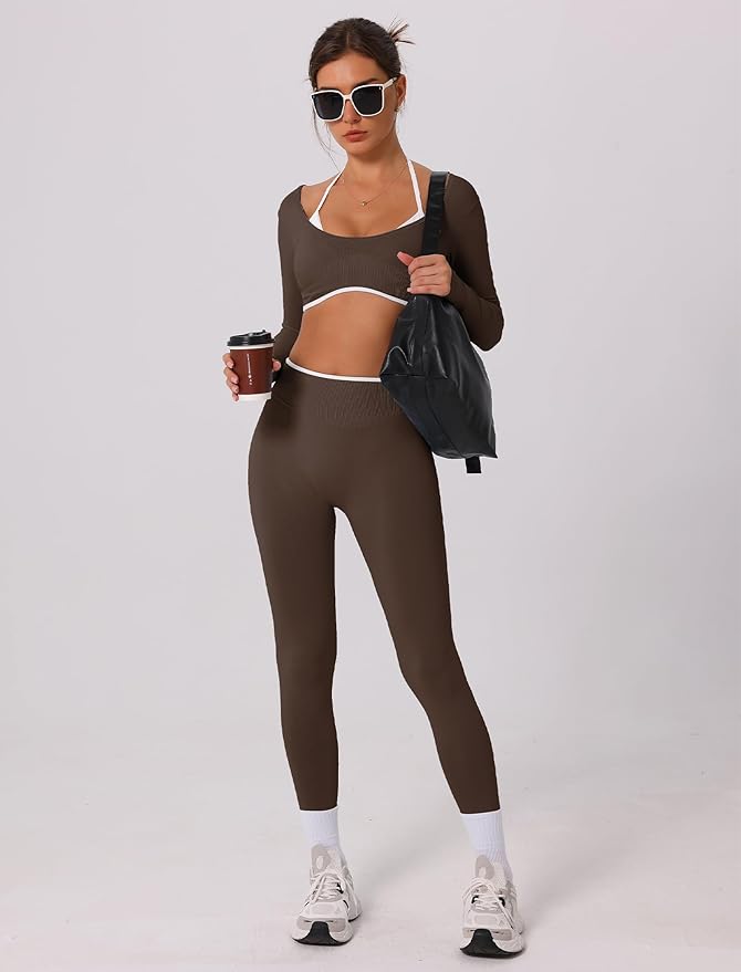 ABOCIW Workout Sets for Women Long Sleeve Crop Top Scrunch Butt Lifting High Waist Leggings 2 Piece Gym Yoga Outfits