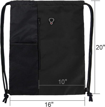 BeeGreen Black Drawstring Backpack Gym Bag For Men Women String Sports Backpack With Water Bottle Mesh Pockets And 2 Zippered Pocket Large Cinch Sackpack Workout Bag 16" x 20"