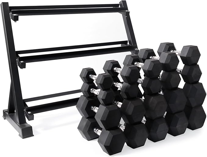 RitFit Rubber Coated Hex Dumbbell Set with Rack, 5-780LB for Home Gym Strength Training, Anti-Slip Knurled Handle, Hexagon Anti-Roll, Heavy-Duty Storage Rack