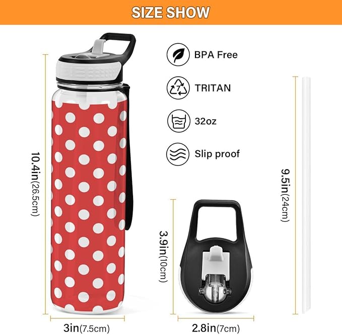 ALAZA Polka Dot Red White Sports Water Bottle with Straw Tritan Drink Bottle 32 oz BPA Free Reusable for Travel Outdoor Fitness