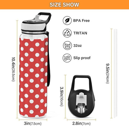 ALAZA Polka Dot Red White Sports Water Bottle with Straw Tritan Drink Bottle 32 oz BPA Free Reusable for Travel Outdoor Fitness