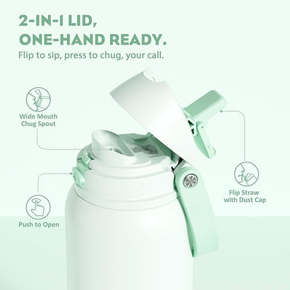 POWCAN 40 oz Metal Water Bottle with Straw for School: One-hand Push Button Lid, Leakproof, Keep Cold 24Hrs, BPA-Free, Insulated Stainless Steel Flask for College, Sports, Gym, Workouts (Mint Green)