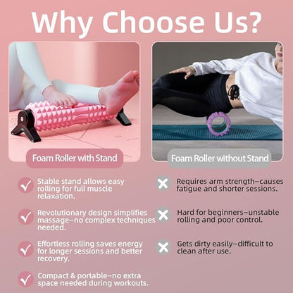 RUNWE Foam Roller with Stand - Bracket Foam Roller for Back Pain, 21 inch Trigger Point Deep Tissue Massage Roller, Medium Density Grid Bracket Foam Rollers, Leg Roller for Muscles Deep Tissue