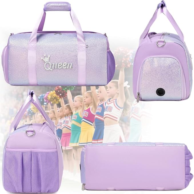 Dance Duffle Bag for Girls Shiny Glitter Sports Gym Bag for Girls Weekender Overnight Sleepover Travel Duffel with Shoes Compartment