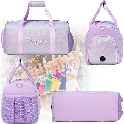 Dance Duffle Bag for Girls Shiny Glitter Sports Gym Bag for Girls Weekender Overnight Sleepover Travel Duffel with Shoes Compartment