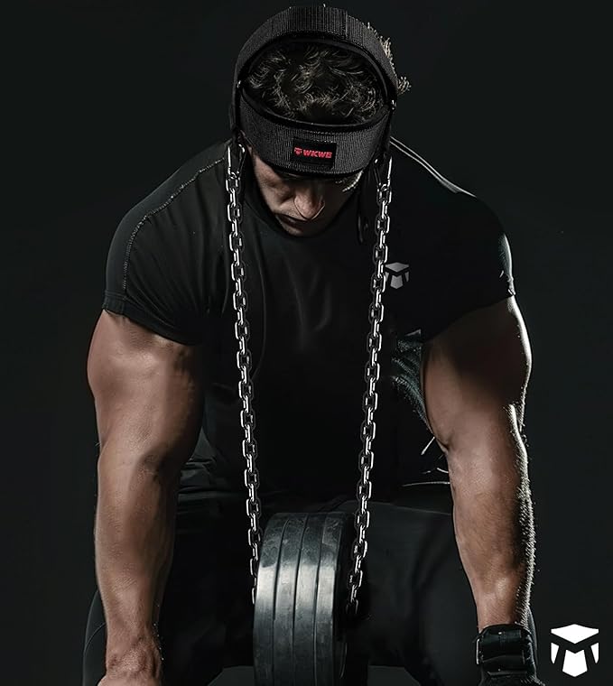 Neck Harness for Increases Neck Core Strength - Neck Exerciser with 30" Heavy Duty Steel Chain for Safely Lifting Weights Up to 280 lbs, Adjustable Head with Nylon Tether and 2 Carabiners