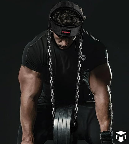 Neck Harness for Increases Neck Core Strength - Neck Exerciser with 30" Heavy Duty Steel Chain for Safely Lifting Weights Up to 280 lbs, Adjustable Head with Nylon Tether and 2 Carabiners