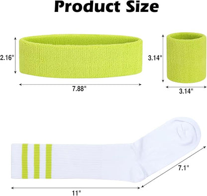 ONUPGO 5 Pieces Sweatbands Striped Socks Set Sports Headband Wristbands High Tube Socks 80s Accessories Costumes