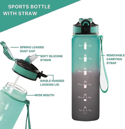 EYQ 32 oz Water Bottle with Time Marker, Carry Strap, Leak-Proof Tritan BPA-Free, Ensure You Drink Enough Water for Fitness, Gym, Camping, Outdoor Sports
